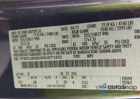 2017 Ford Escape Se from USA, damaged, VIN 1FMCU9GD3HUD71233